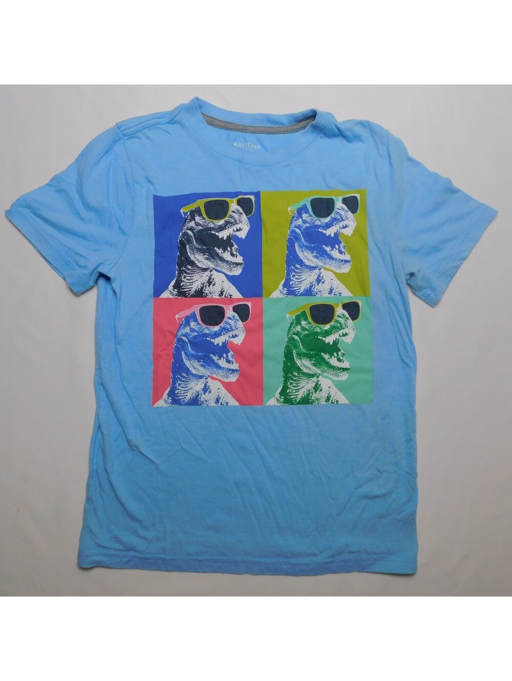 Arizona Jean Co Boys Size M 10/12 Blue T-Rex Dinosaur Sunglasses Graphic T-Shirt